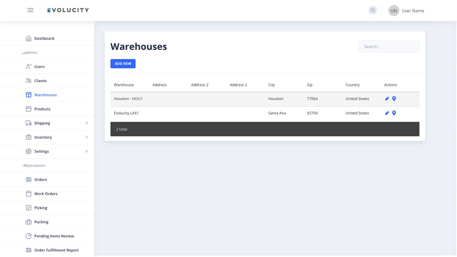Warehouse Setup Page