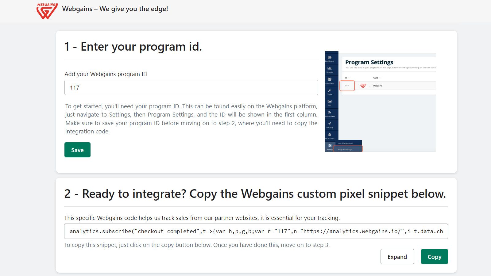 Webgains single page app install 