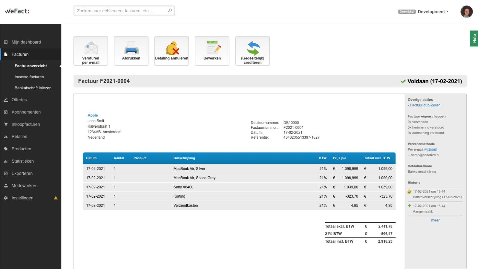 WeFact invoice automatically created based on Shopify order