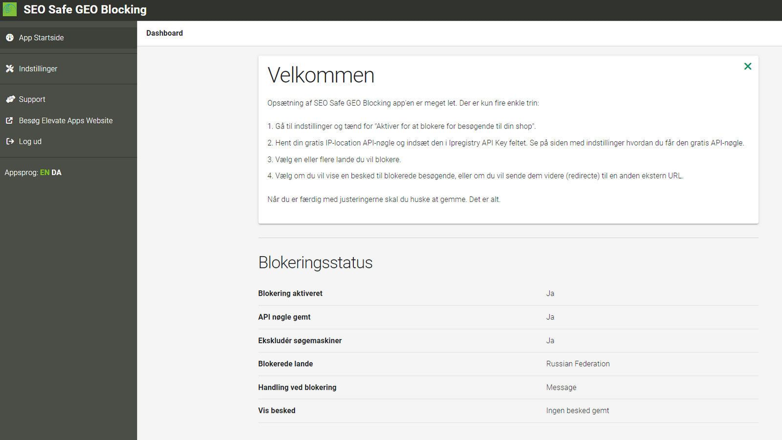 Welcome page (in Danish)