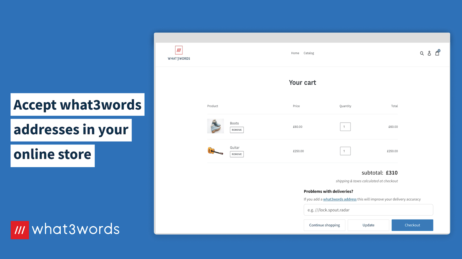 what3words address at the cart page for shopify basic users