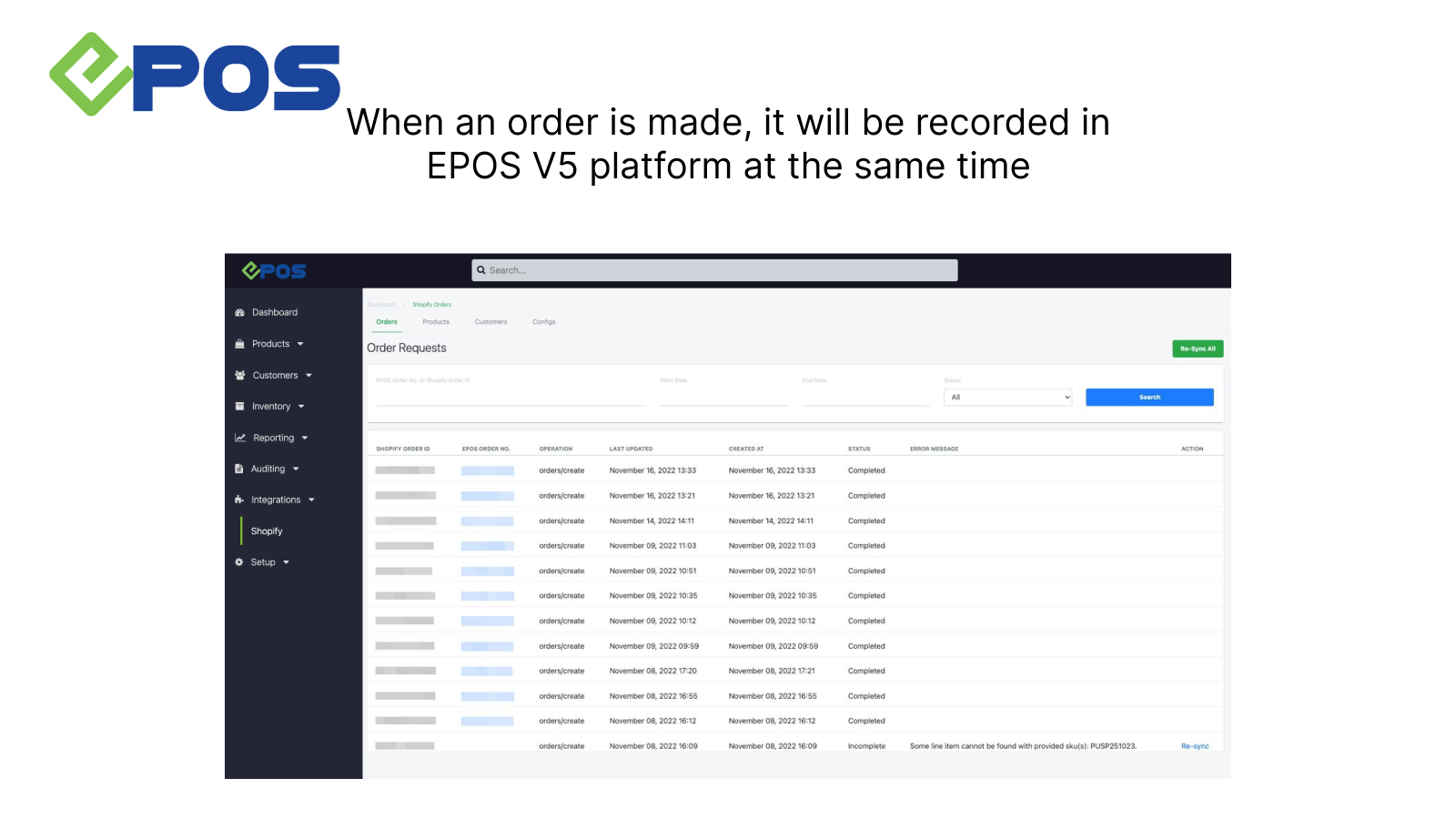 When an order is made, it will be recorded in EPOS V5 platform