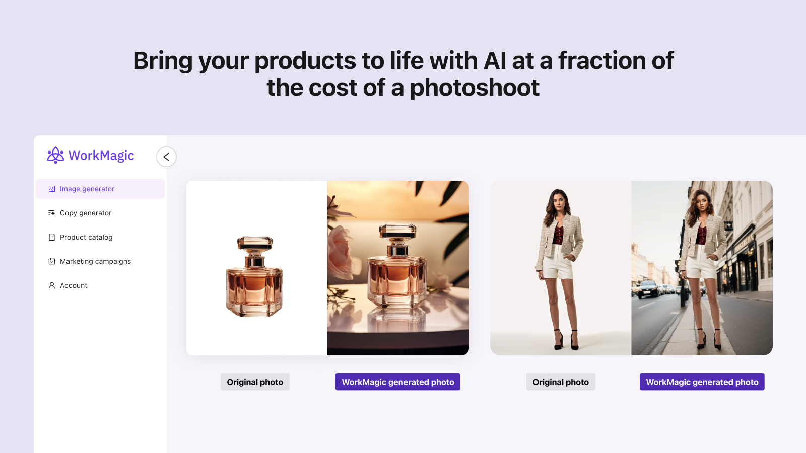 WorkMagic AI product photo and AI model photo examples
