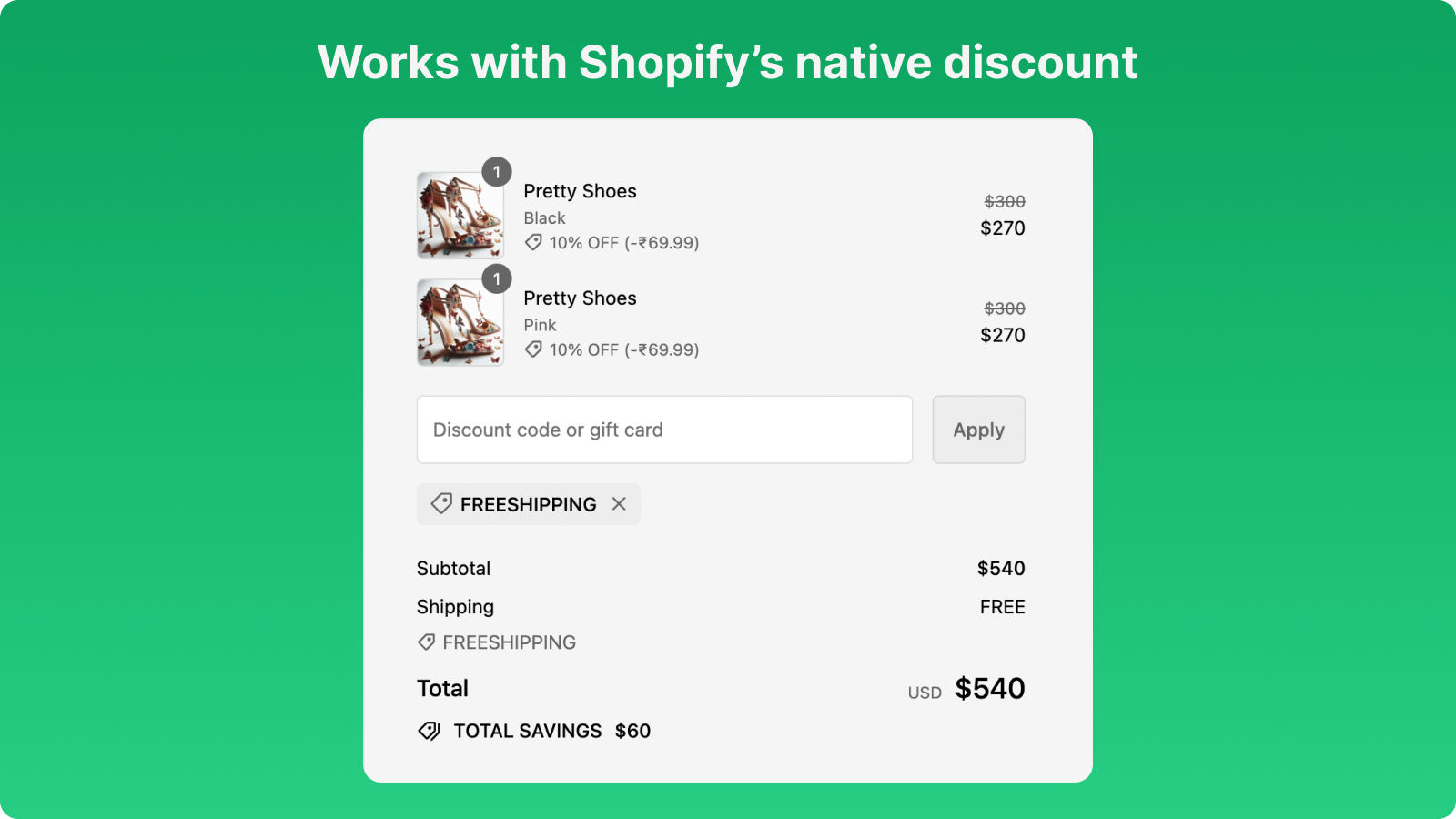 Works with Shopify native discounts 
