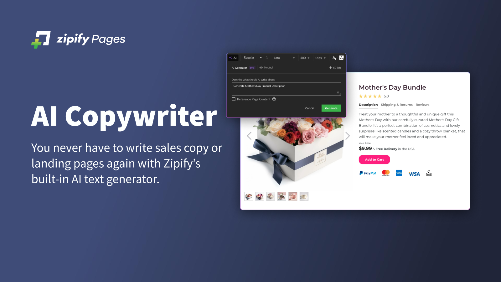 Write better sales copy with Zipify’s built-in AI text generator
