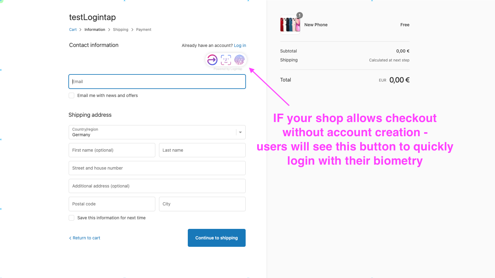 Your checkout page is updated with biometric login button